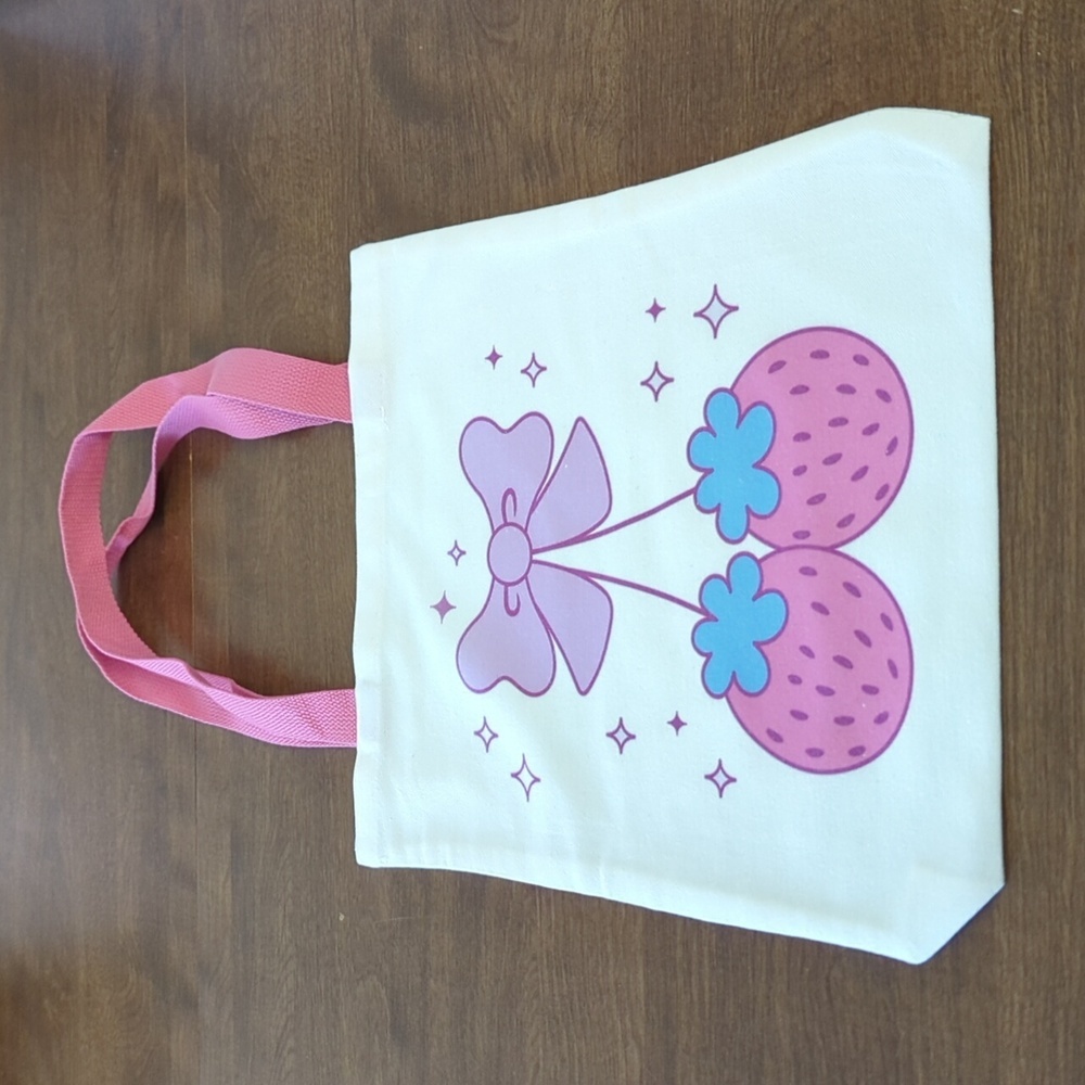 Pink and White Canvas Tote Bag with Strawberry Design
